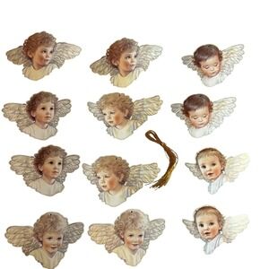Vintage 1983 B Shackman Kathy Lawrence 12 Angel Gift Tags Cards with Gold Tassel